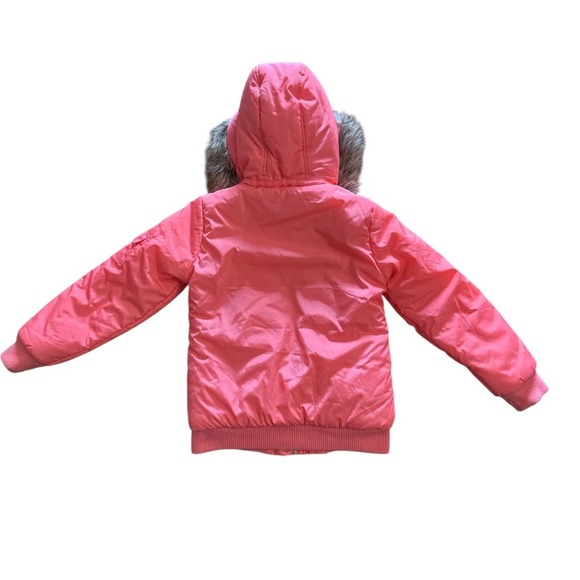 Girls Justice Bright Coral Faux Fur Hooded Sherpa Bomber Jacket Size 8/10 - Picture 2 of 8